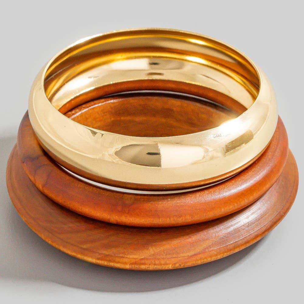 BR 3 Piece Wood And Metallic Bangle Bracelet Set for wholesale on Faire1