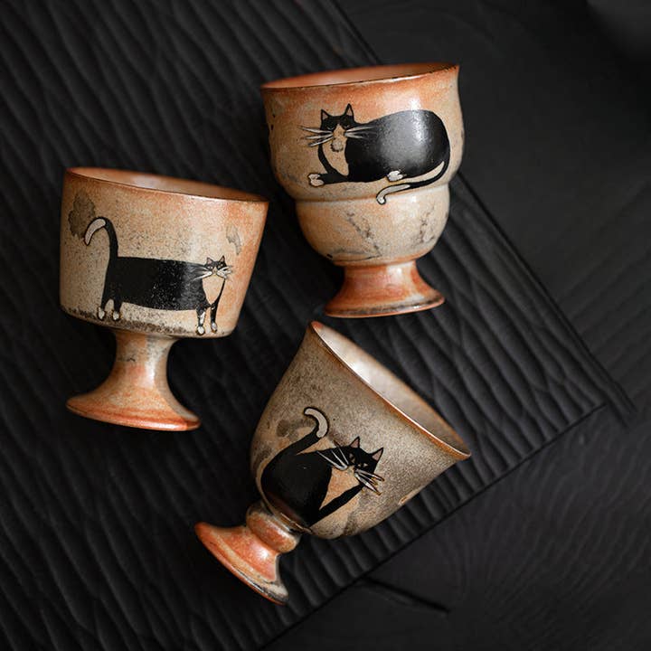 Gohobi Handmade Black Ink Hand-painted Cat Tea Cup 004 for wholesale by Gohobi (We cover U.S. import duties)