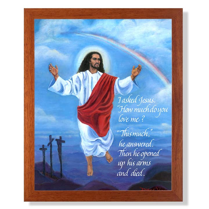 African American Jesus Christ with Open Arms Ascending to Heaven Religious Art Print 16x20 Honey Frame with Real Glass for wholesale by Unlimited Potential LLC