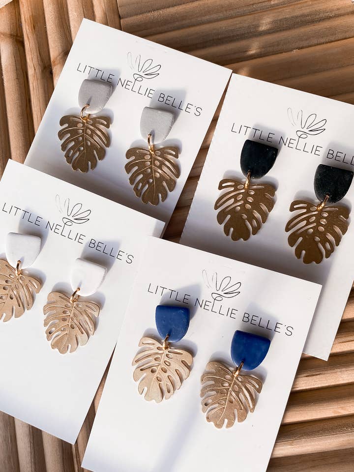 Monstera Leaf Luxurious Polymer Clay Earrings for wholesale by Little Nellie Belles