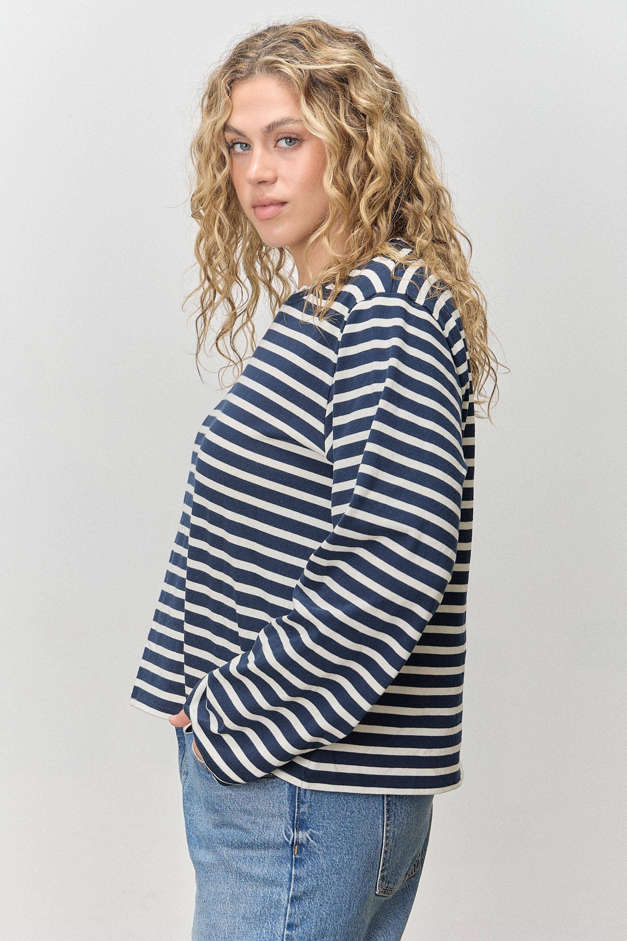Polagram by Wellmade USA – wholesale Blouse – Women’s – (PLUS) STRIPE LONG SLEEVE TOP WITH WAVY NECKLINE5