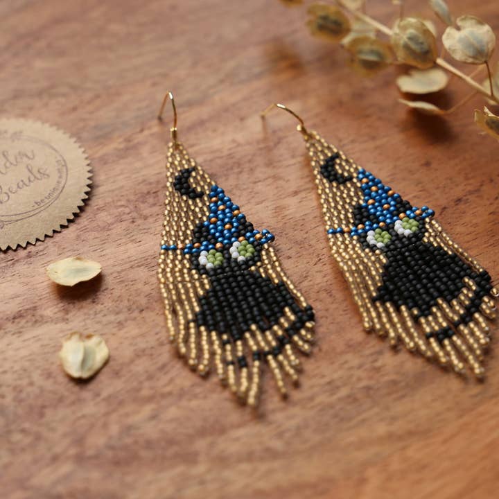 BerdorBeads - Wholesale Dangle Earrings - Witch cat-handwoven beaded fringe earrings,sparkly,halloween1