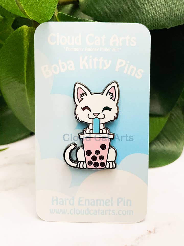 White Kitty/ Strawberry Boba Tea Cat - Hard Enamel Pin for wholesale by Cloud Cat Arts