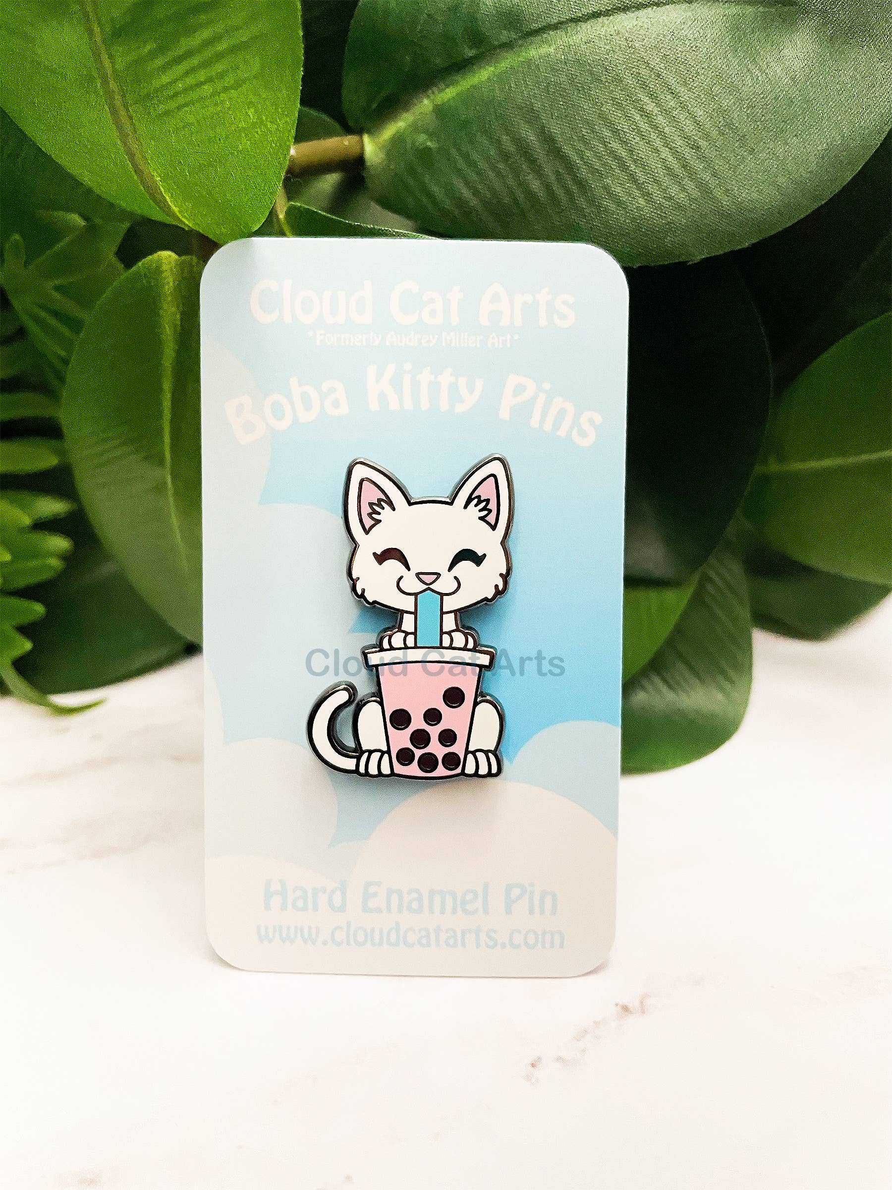 White Kitty/ Strawberry Boba Tea Cat - Hard Enamel Pin for wholesale by Cloud Cat Arts