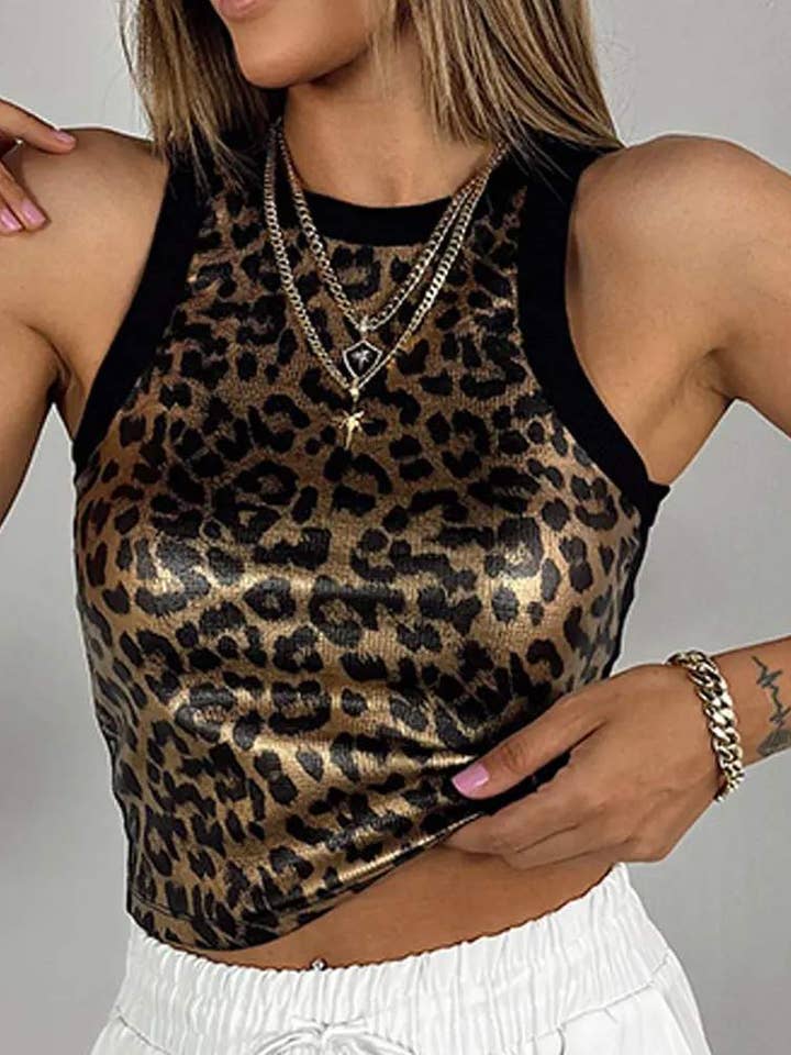 GOLD jacquard leopard pattern metallic o neck tank top for wholesale on Faire1