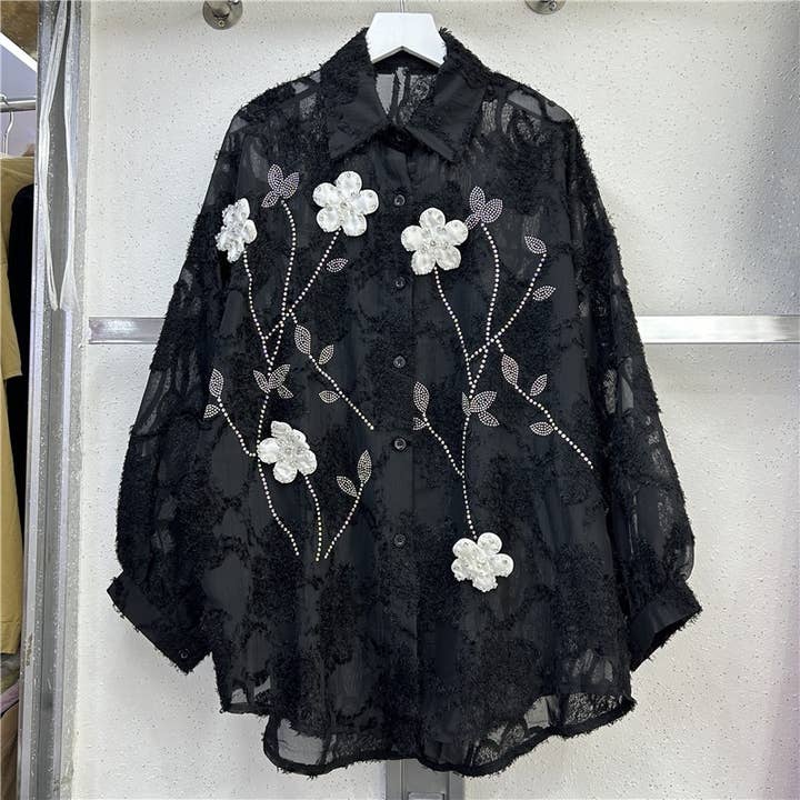 Sanyao Fashion - Wholesale Buttoned-down shirt – Women's - SY512 Sheer Floral Rhinestone Embellished Long Shirt