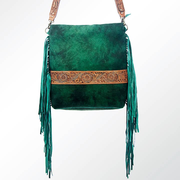 LS Western - Wholesale Crossbody Bag - Women's - LC-ADBGZ121 Green Genuine suede Fringe Crossbody Bag with Tooled Leather Strap1