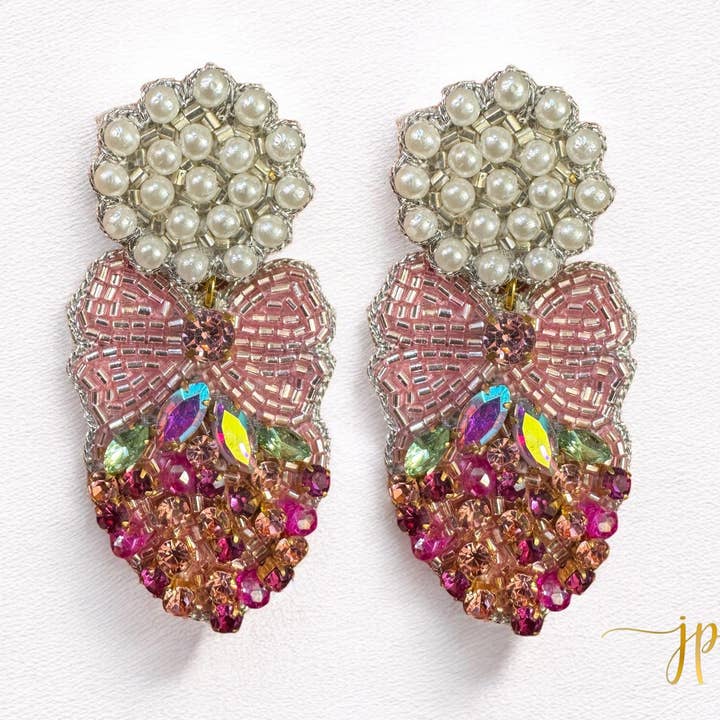 Beaded Pink Strawberry Statement Earrings with Pearl Toppers and Rhinestones for wholesale by Jenny Patrick Designs ™