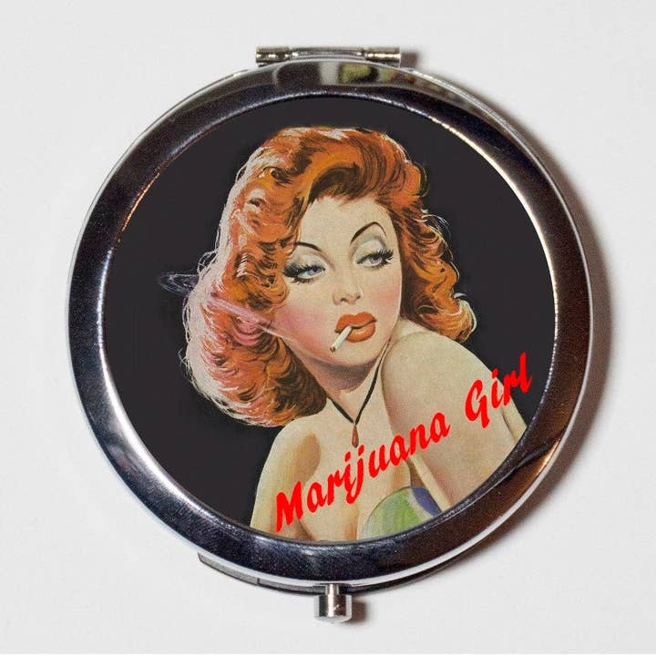 Marijuana Girl Compact Mirror - Vintage Pulp Image Weed Pot Cannabis Pin Up - Make Up Pocket Mirror for Cosmetics for wholesale by FringePop