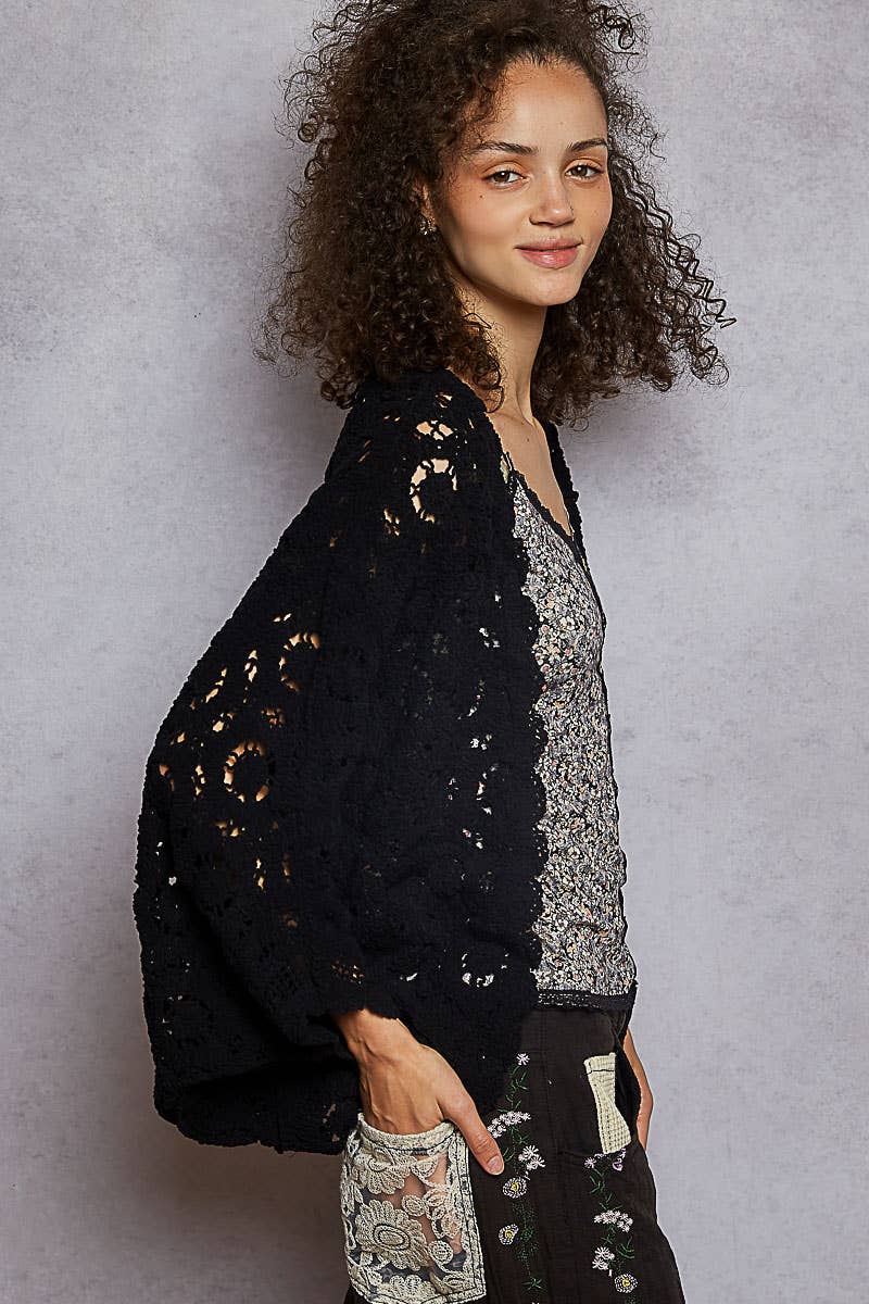 Pol Clothing - Wholesale Cardigan - Women's - Long sleeve v neck floral pattern crochet chenille cardigan2