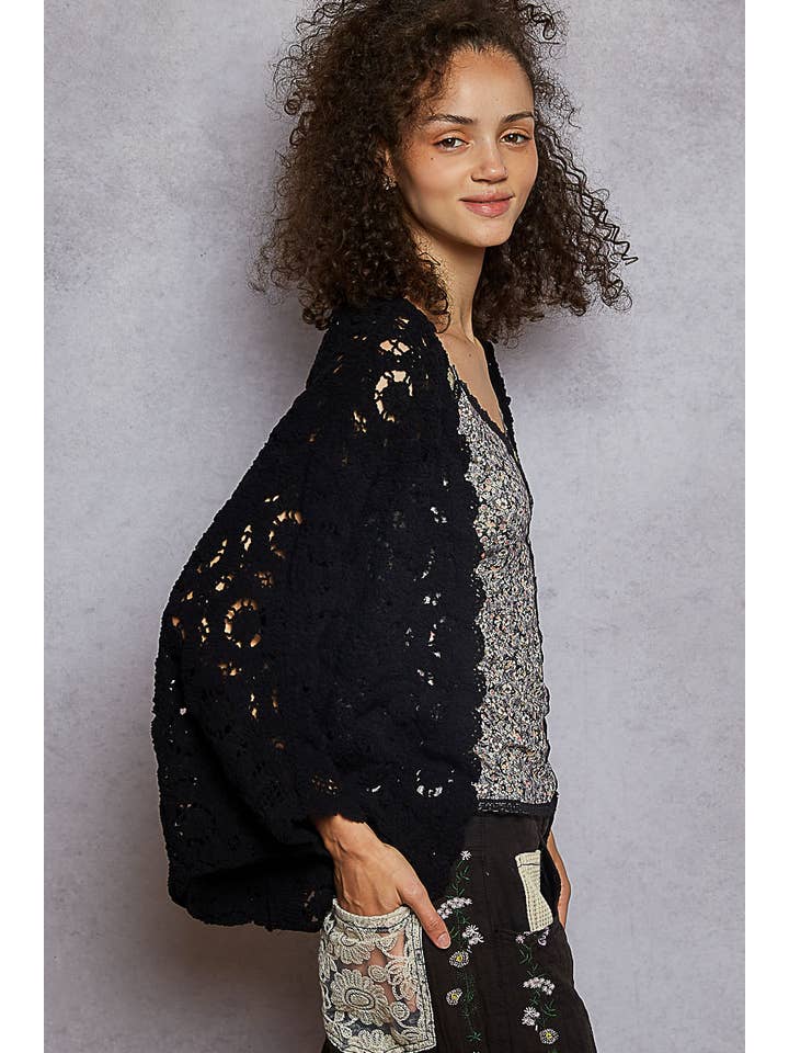 Pol Clothing - Wholesale Cardigan - Women's - Long sleeve v neck floral pattern crochet chenille cardigan2