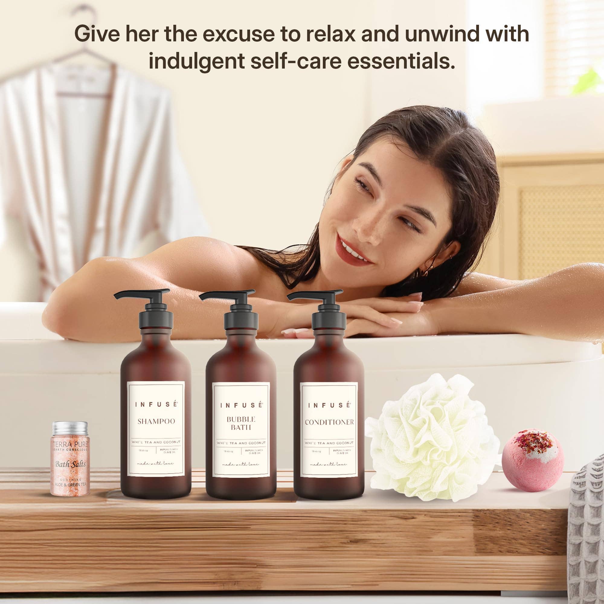 Diversified Hospitality Solutions – wholesale Gift box – 17-Piece Luxury Gift Set with Robe | Complete INFUSÉ White Tea & Coconut Bath Collection | Self-Care Kit with Bath Bombs, Face Masks & Hair Care4