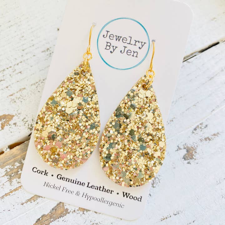 Jewelry By Jen - Wholesale Dangle Earrings - Medium Teardrop Earrings: Chunky Gold Glitter