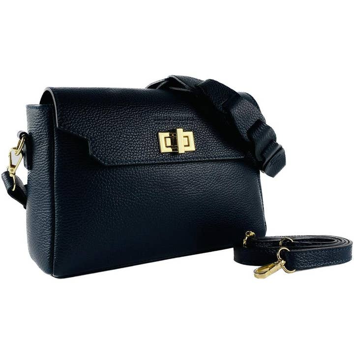 RB1003D | Genuine Leather Shoulder Bag Made in Italy with removable braided shoulder strap and attachments with shiny gold metal snap hooks - Blue color - Dimensions: 28 x 19 x 9 cm for wholesale by Kaili Mood