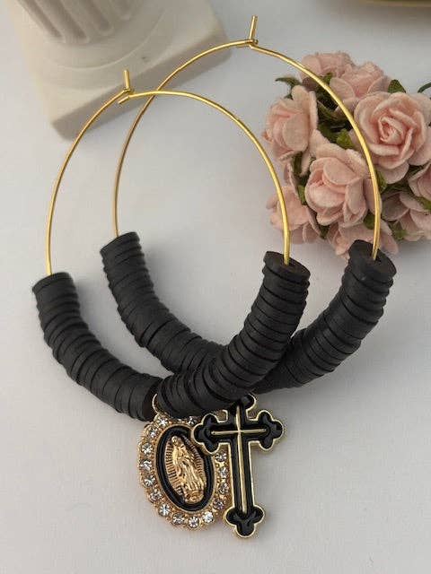 Miss DJ Angel – wholesale Hoop earrings – Ex-voto hoop earrings, asymmetrical ex-voto hoops, religious earrings, cross medal charm and Virgin medal charm6