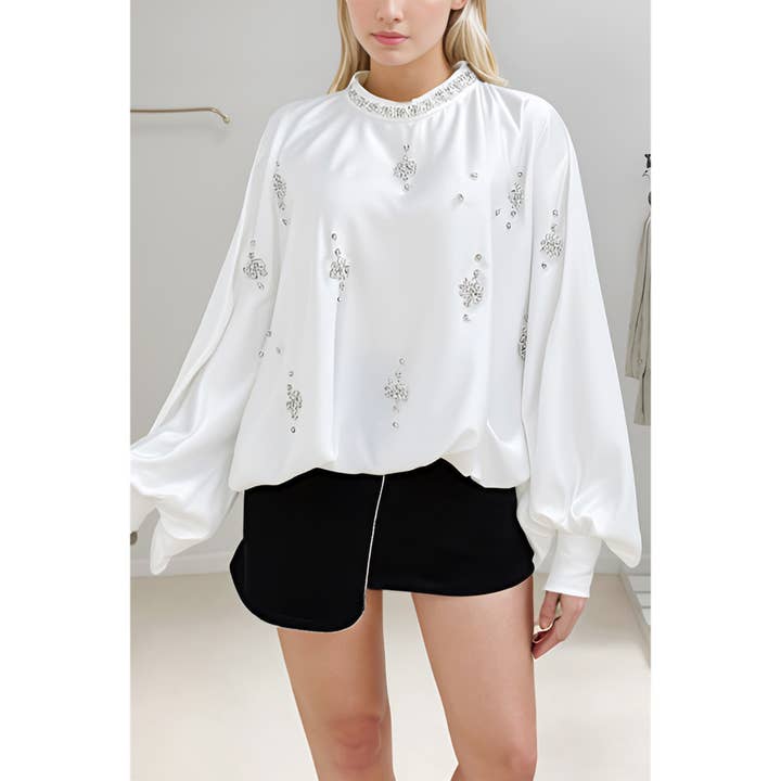 XHHH Inc - Wholesale Blouse - Women's - X9976CT Embellished Blouse with Rhinestone Collar1
