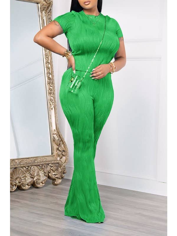 Color 5 - Wholesale Top & Pant Set (NOT Loungewear) - Women's - Solid color wavy bliss casual top with flare pants set 7