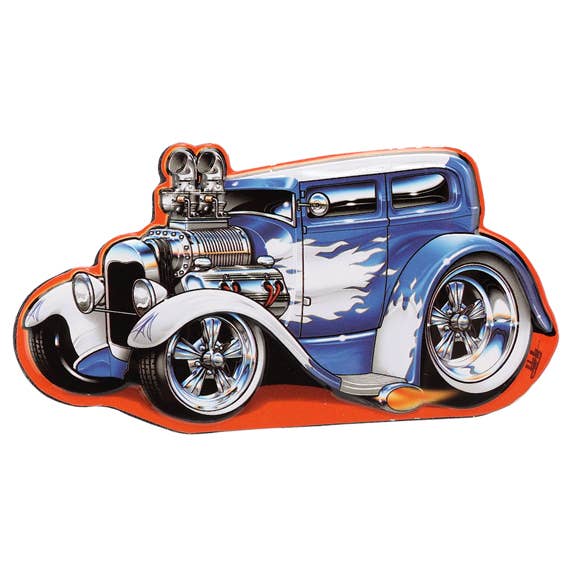 Blue Hot Rod Embossed Metal Magnet for wholesale by Open Road Brands, LLC