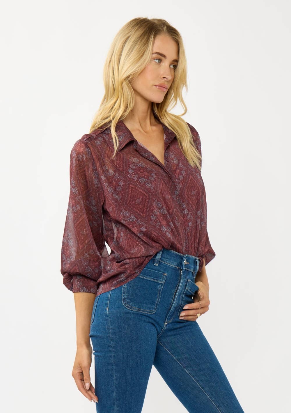 WINE ROSE Diamond Floral Sheer Blouse for wholesale on Faire4