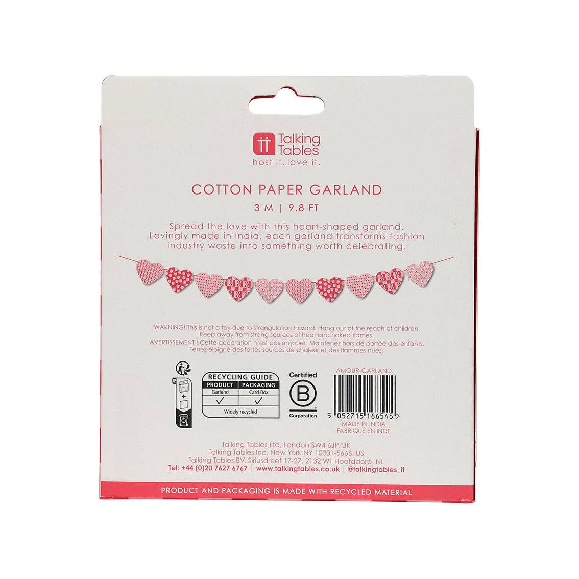 Talking Tables UK – wholesale Bunting/garland – Recycled Cotton Paper Heart Garland - 2m | Valentines |4