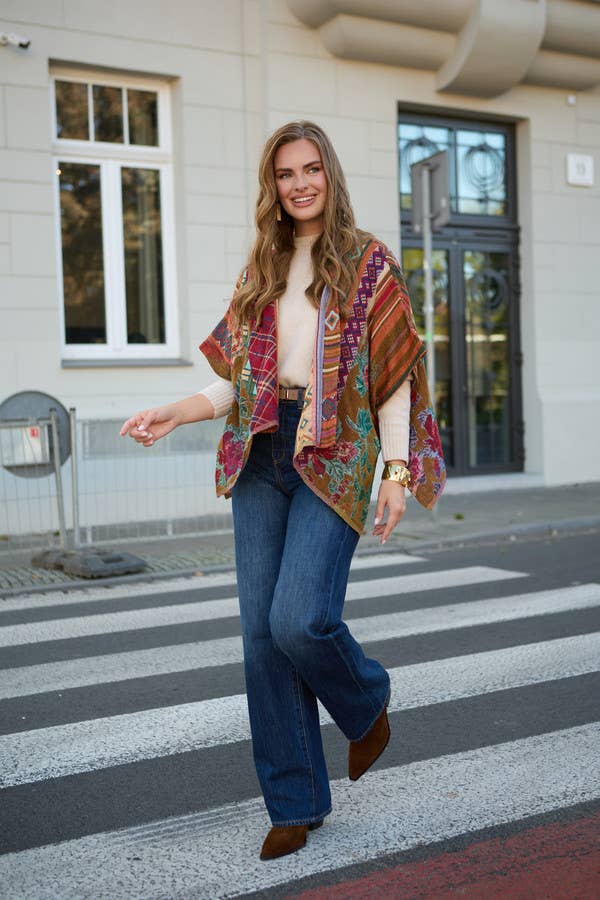 SAACHI – wholesale Poncho – Women's – Floral Geometric Short Open Poncho7