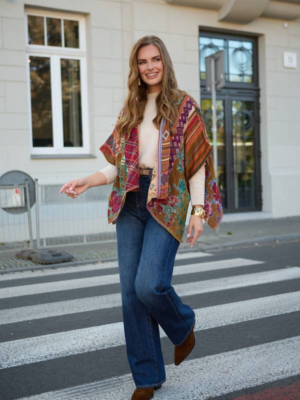 Floral Geometric Short Open Poncho for wholesale by SAACHI