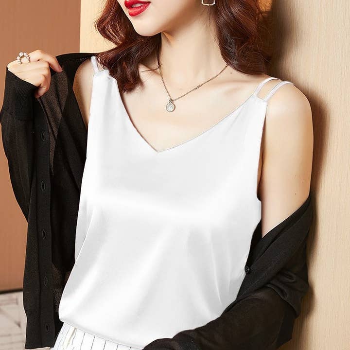 Plush Looks - Wholesale Camisole - Women's - Solid Color Satin Basic V-Neck Camisole