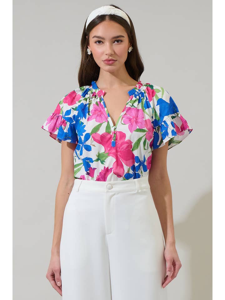 PINK BLUE Liran Floral Macy Ruffle Top for wholesale on Faire