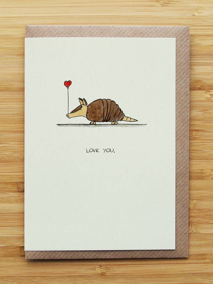 Love Armadillo Card - Cute - Valentines - Heart - Recycled for wholesale by RossJDesigns