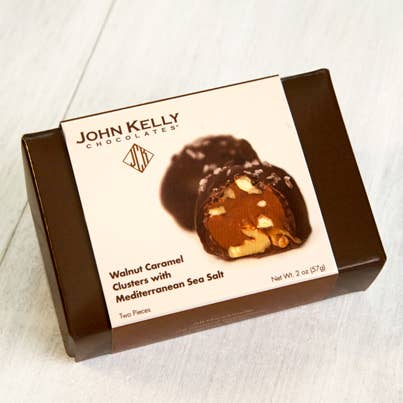 John Kelly Chocolates – wholesale Chokladkartong – Valnöt karamell kluster med Medelhavet salt Box
