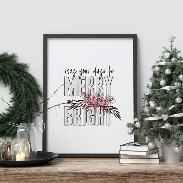 Merry + Bright midcentury modern Christmas print for wholesale by Paperfinch Design