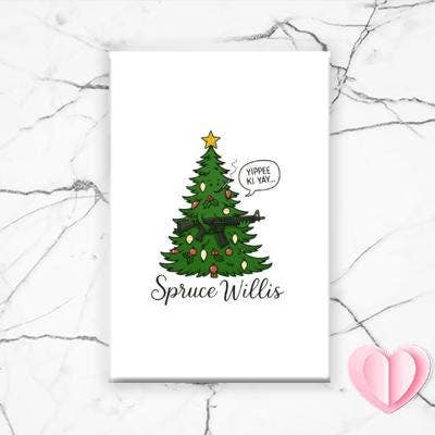 VenusArtsShop - Wholesale Birthday Card - Spruce Willis Magnet: Funny Christmas Tree Pun With Rifle