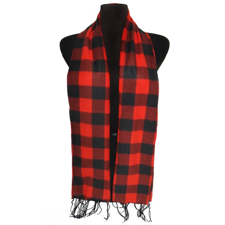 Cap Zone - Wholesale Scarf - Women's - Plaid Soft Fleece Fringe Trim Oblong Wrap Scarf