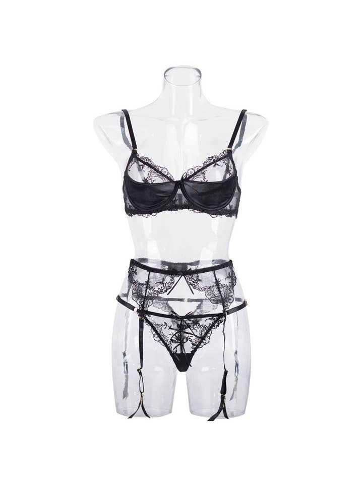 Sweetkama - Wholesale Lingerie Set - Women's - Sexy Embroidery Lingerie Set with Garter Belt CQX0523