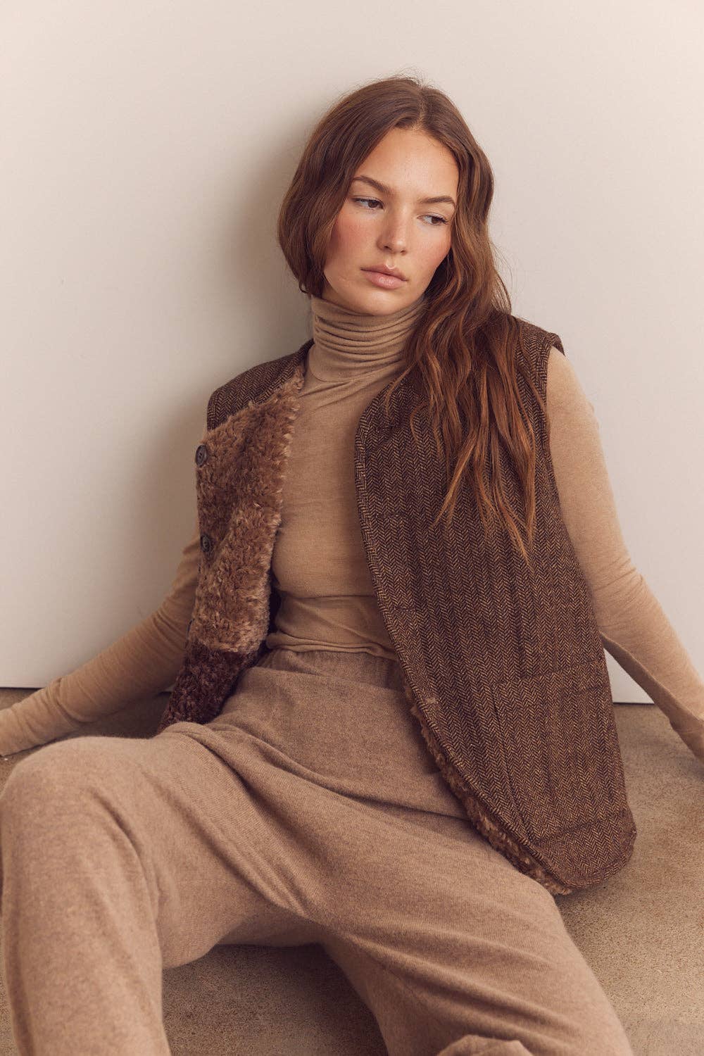 Mocha Brown Color block wool blend shepherd reversible vest  for wholesale on Faire3