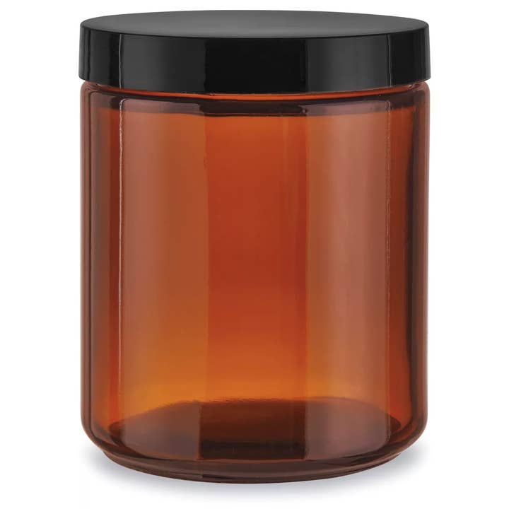 8oz Amber Jar with Black Plastic Lid for wholesale by River Birch Candles