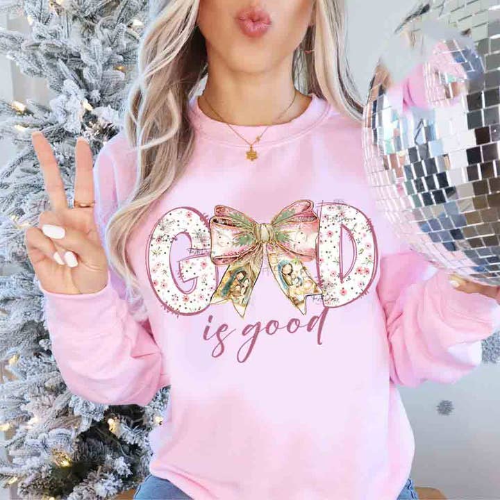 NVC Ecommerce LLC - Wholesale T-Shirt (Graphic) - Women's - God Is Good Shirt, Jesus Christmas Coquette Sweatshirt1