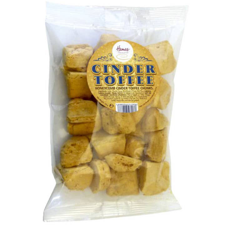 Hames Chocolates - Wholesale Toffee - UK ONLY. Cinder Toffee In A Clear Euro Slot Bag