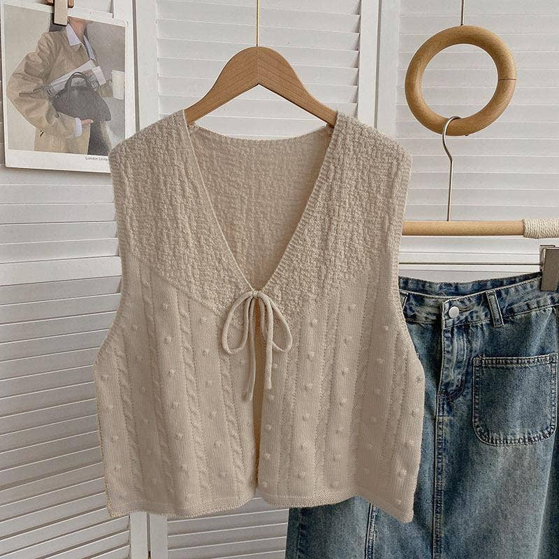 Rosa Clothing - Wholesale Knit Top - Women's - V-neck Ribbon Bow tie front lace up knit Cardigan gilets0