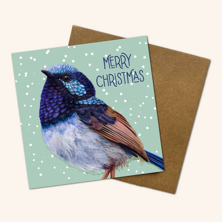 Pip the Superb Fairy Wren Christmas Card for wholesale by Jess Hutchison Art