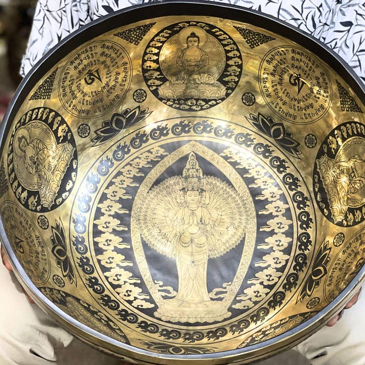 Handmade Tibetan Singing Bowl - Bodhisattva Avalokiteshvara Engraved - For Sound Healing Session and Group Sound Therapy for wholesale by NadaYoga