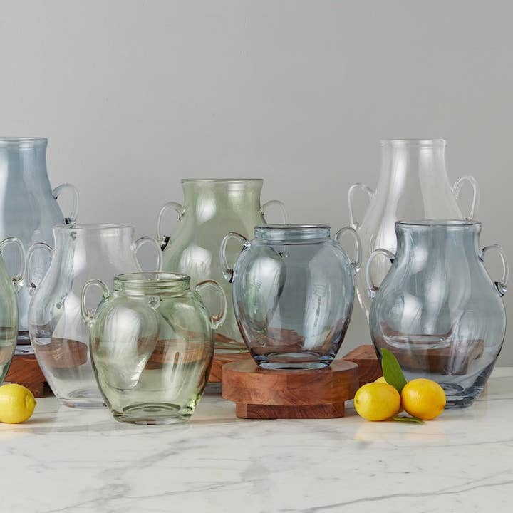 etúHOME - Wholesale Vase - Denim Blue Glass Amphora Flower Vase with Handles, Medium