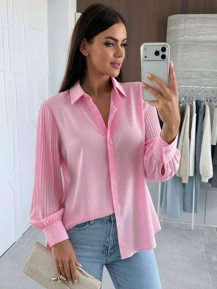 Monroe Pleated Sleeve Button-Up Shirt Blouse-Pink for wholesale by Catwalk Wholesale