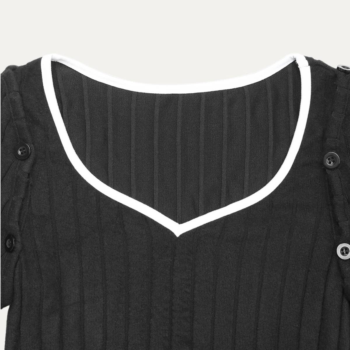 Schwarz Einzigartiges schwarzes Rippstrick-Midikleid mit abnehmbaren Ärmeln und V-Ausschnitt für den Großhandel auf Faire2