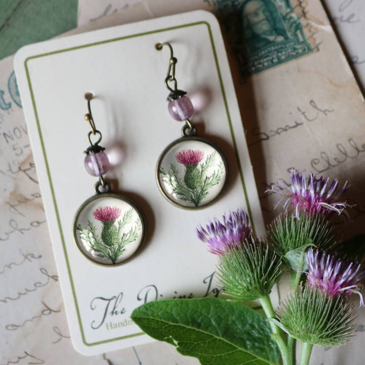 The Divine Iguana - Wholesale Dangle Earrings - Scottish Thistle Glass Cabochon Earrings4