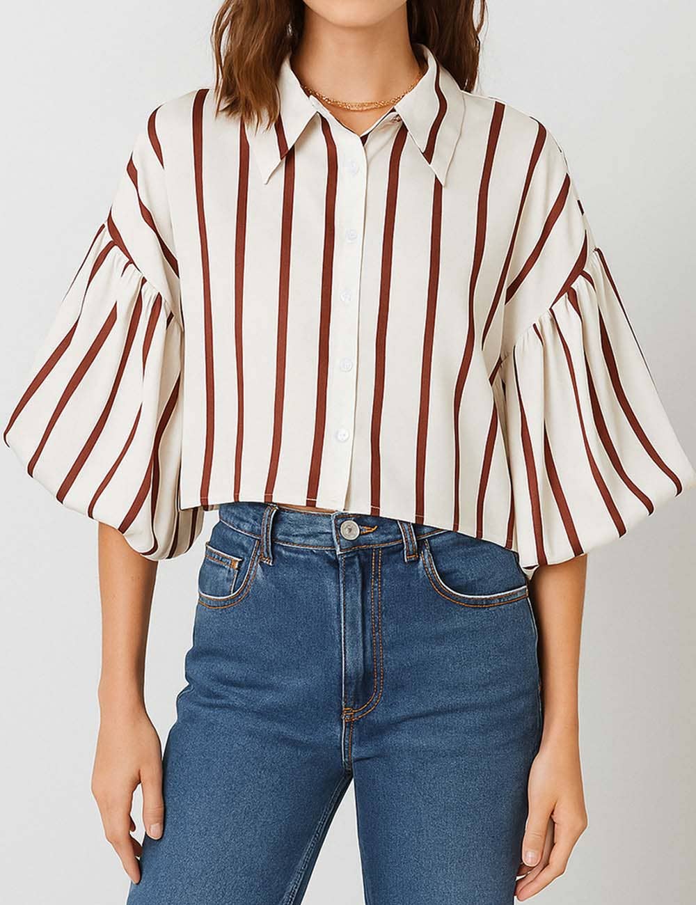 Sweetkama – wholesale Buttoned-down shirt – Women's – Ladies Striped Puff Sleeves Button Shirt SP0682