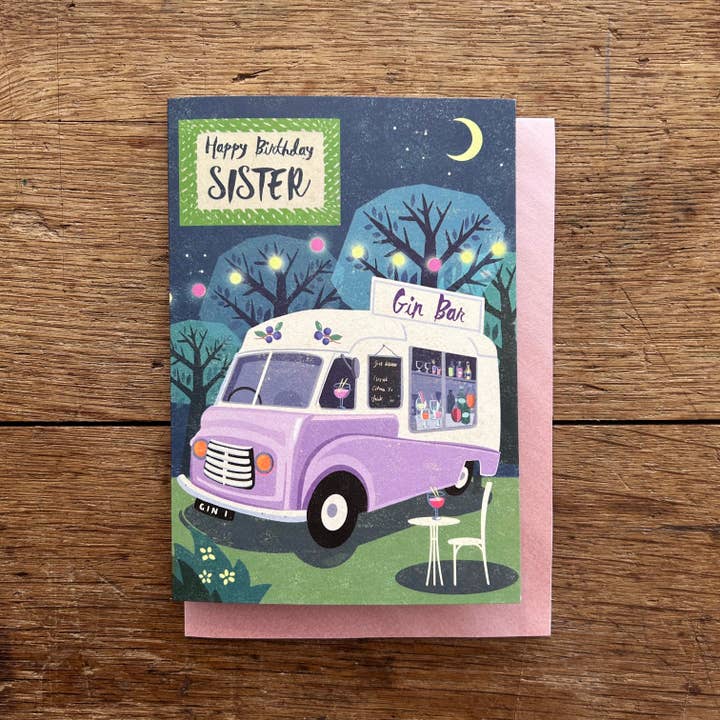 Happy Birthday Sister Retro Gin Van card for wholesale by Rocket 68