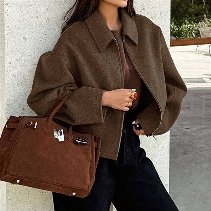 Brown Solid Color Notched Collar Thick Wool Jacket for wholesale on Faire3