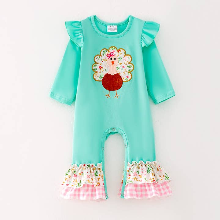 Barboteuse à volants en coton menthe avec appliqué dinde pour bébé fille pour la vente par Auraquise