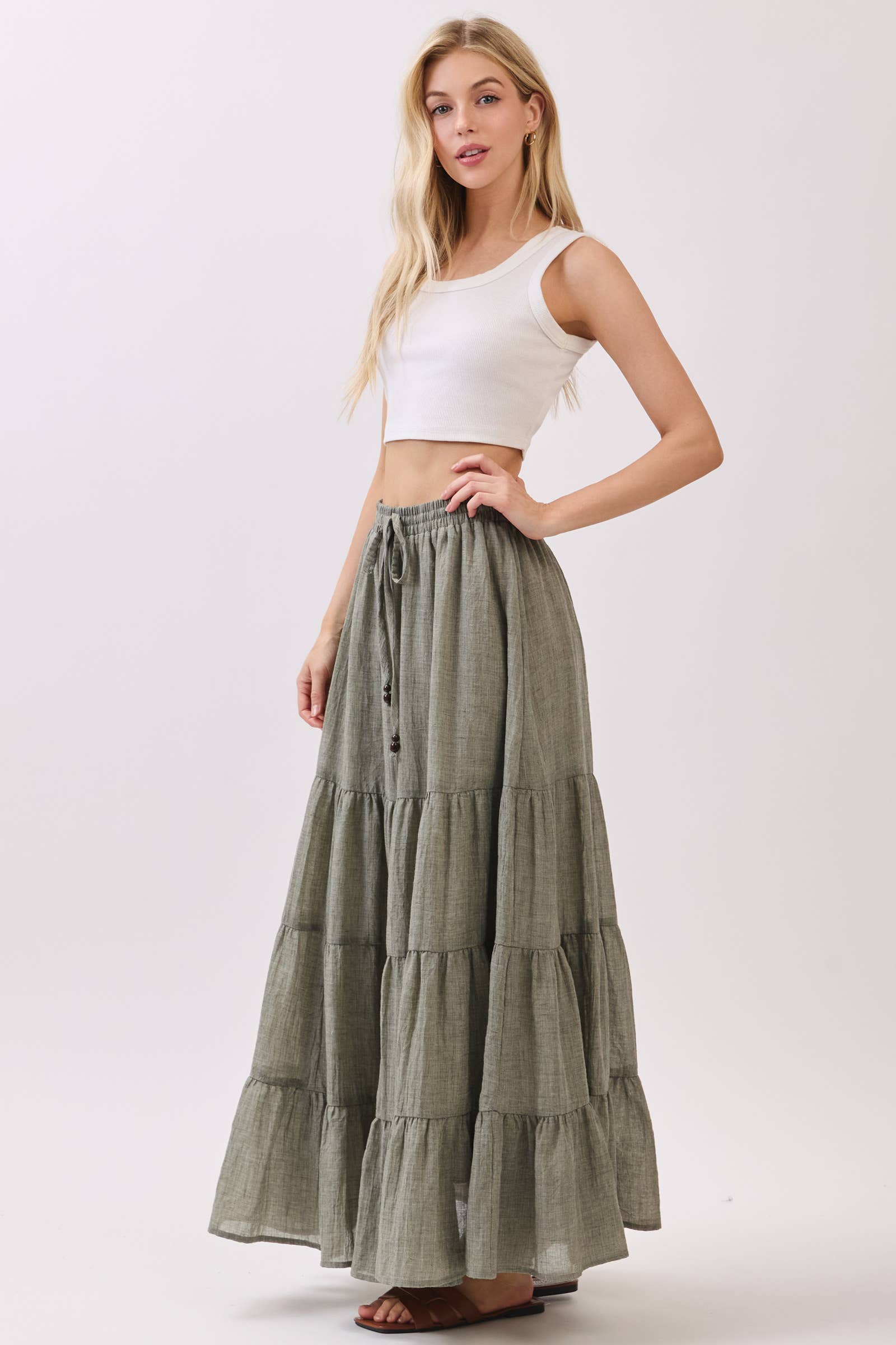 Final Touch - Wholesale Skirt - Women's - Tiered Coconut Tie Detail Maxi Skirt - VS300918